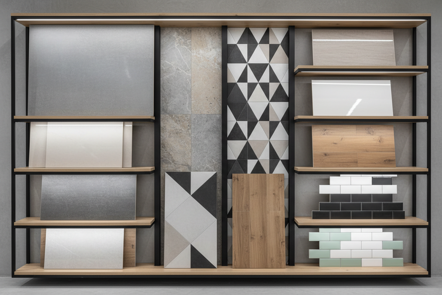 A selection of stone-look, patterned and wood-look tile samples